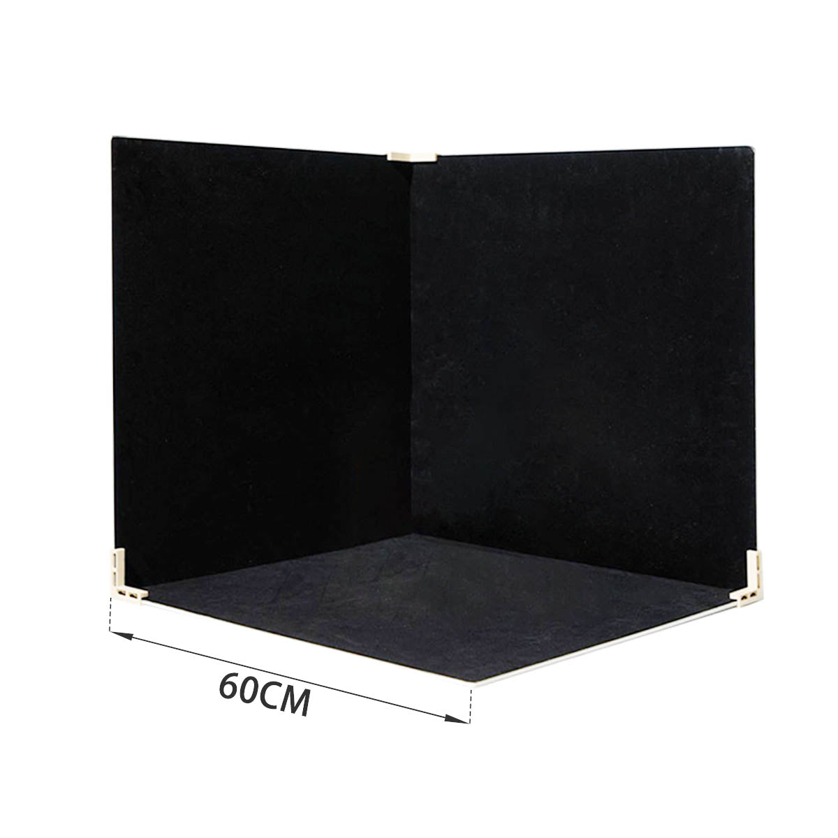 showing the dimensions of the 60x60x60cm Black Velvet Tabletop Product-Photography Background Kit 