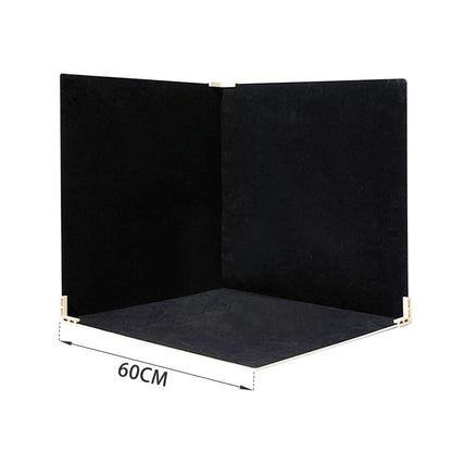 showing the dimensions of the 60x60x60cm Black Velvet Tabletop Product-Photography Background Kit 