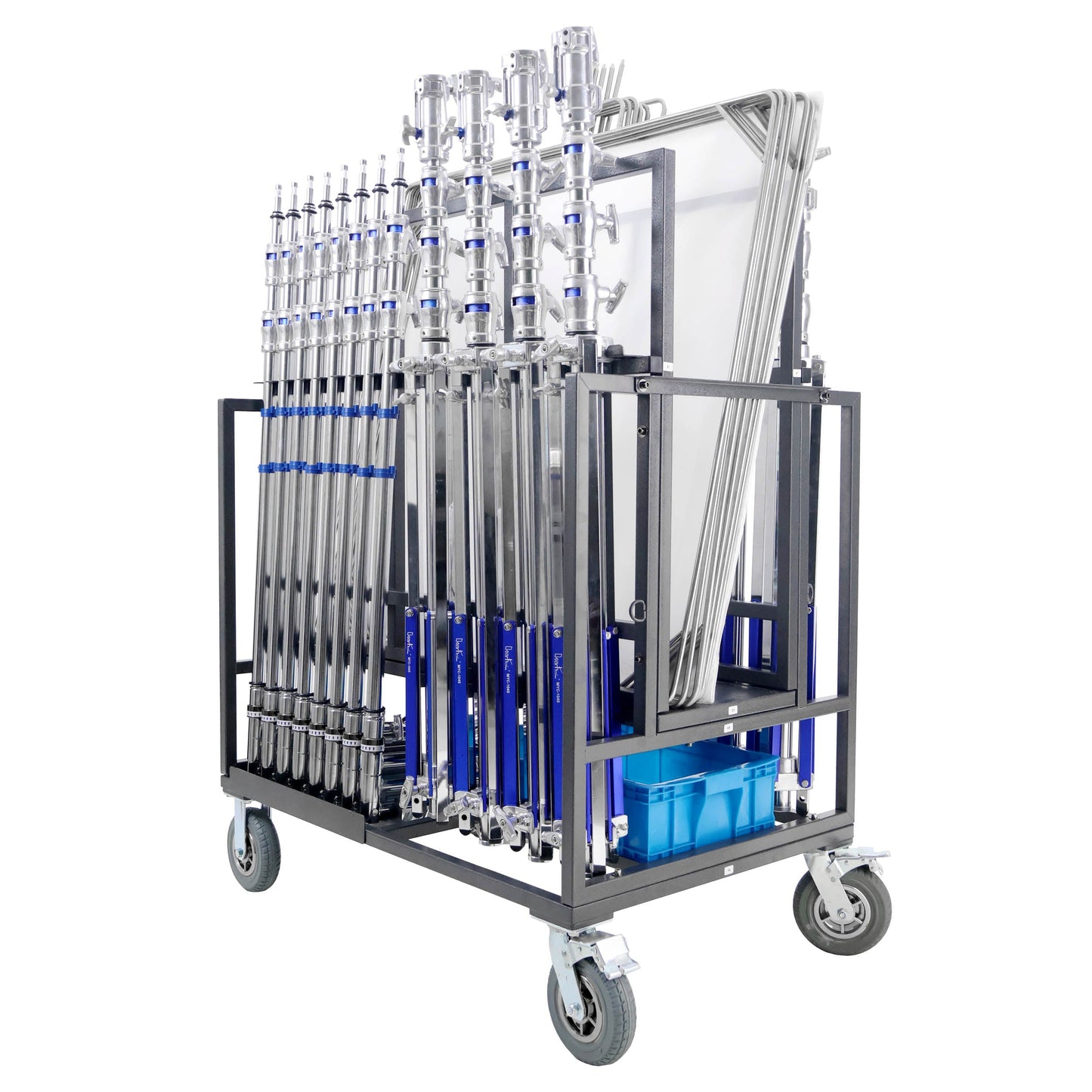 Multi-Function Cart with C-Stands, Combo Stands and Flags being stored on it.