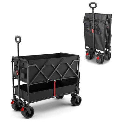 PiXAPRO Foldable Trolley Cart  with a handle, front storage compartment, and four wheels, shown both open and folded on a clean white background.