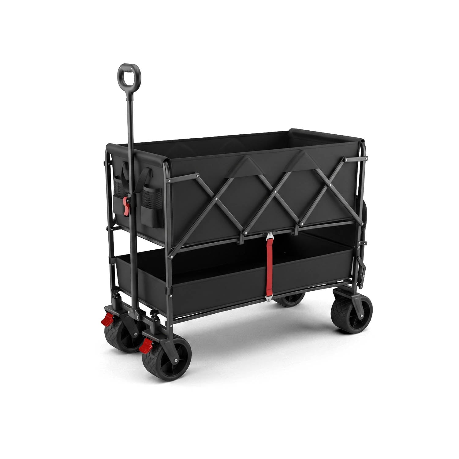 PiXAPRO Foldable Trolley Cart with a two-tiered storage design, featuring a black metal frame, four wheels, a telescoping handle, and red lockout/lock mechanisms on the wheels and side straps.