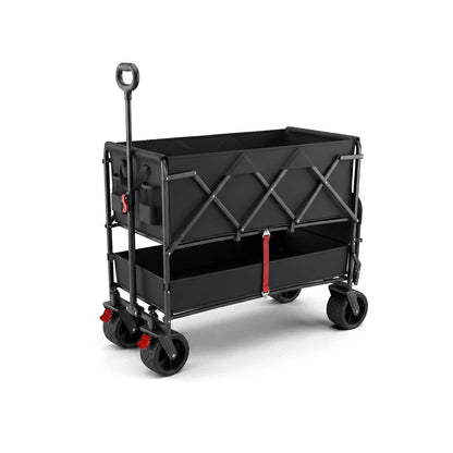 PiXAPRO Foldable Trolley Cart with a two-tiered storage design, featuring a black metal frame, four wheels, a telescoping handle, and red lockout/lock mechanisms on the wheels and side straps.