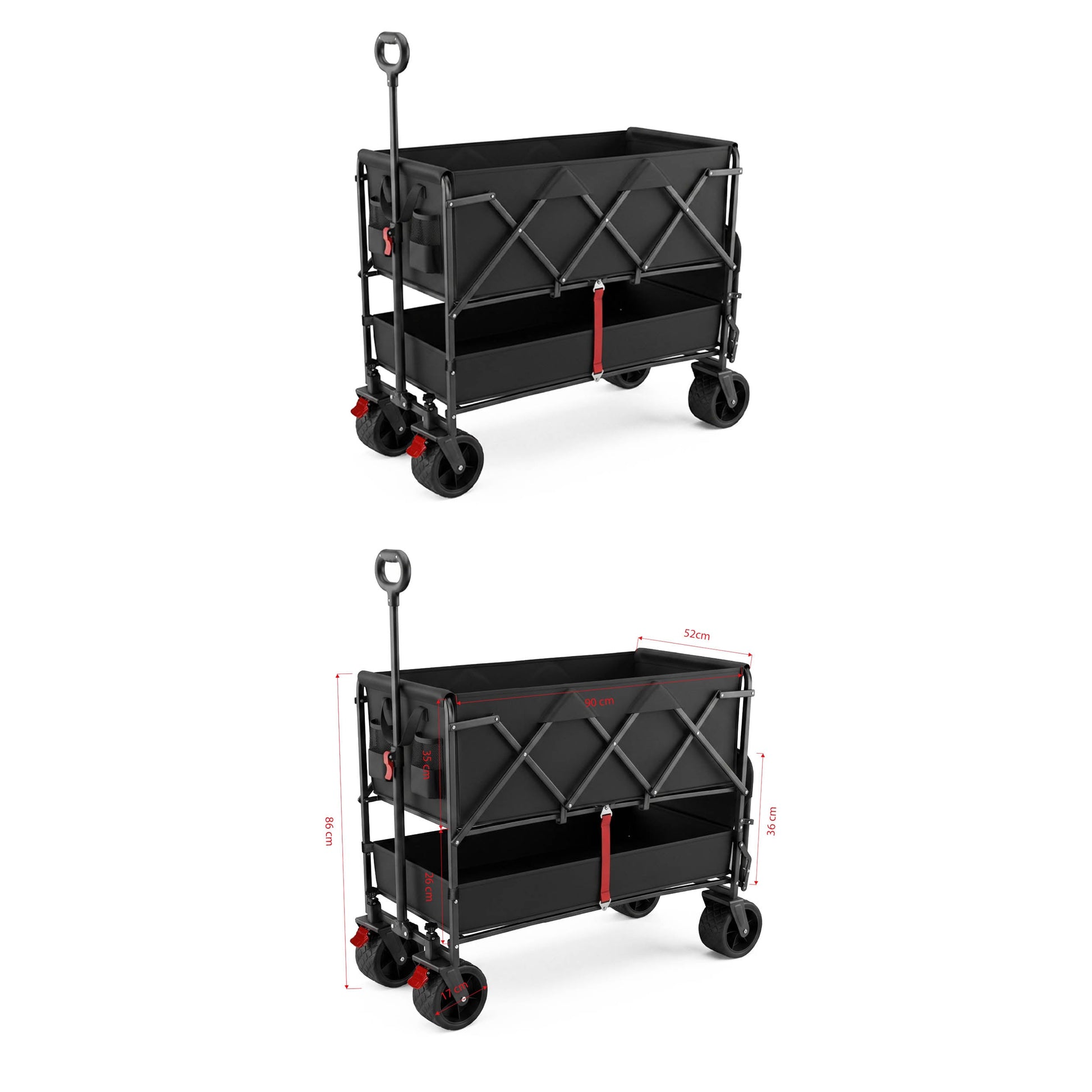 PiXAPRO Foldable Trolley Cart shown in two views on a white background, with red accents and red dimension lines indicating measurements.