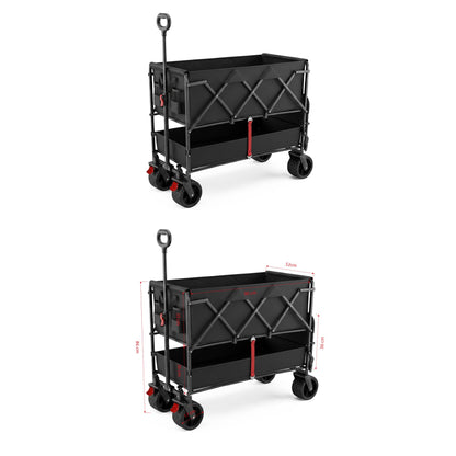 PiXAPRO Foldable Trolley Cart shown in two views on a white background, with red accents and red dimension lines indicating measurements.