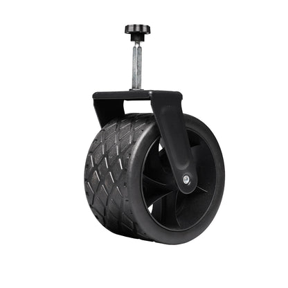 The PiXAPRO Foldable Trolley Cart's heavy-duty caster wheels with a textured tread, a black mounting bracket, and a silver adjustment stem with a black knob, shown on a solid white background.
