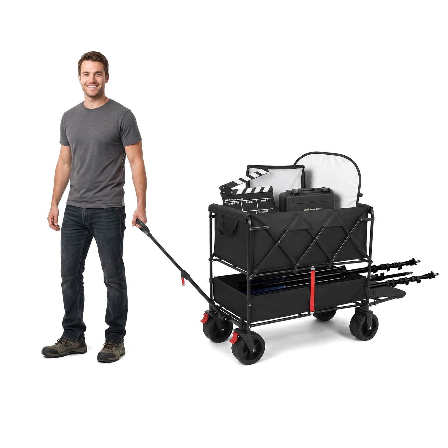 Foldable Trolley Cart with Double Tray and Side Bag