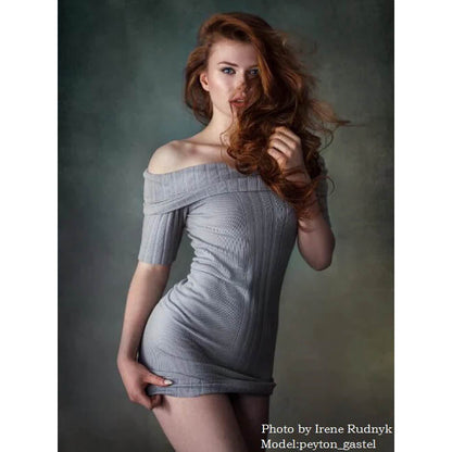 A woman in a grey off-shoulder dress posing against a 2x3 Abstract Rusty Texture Studio Photography Background by Kate Backdrops