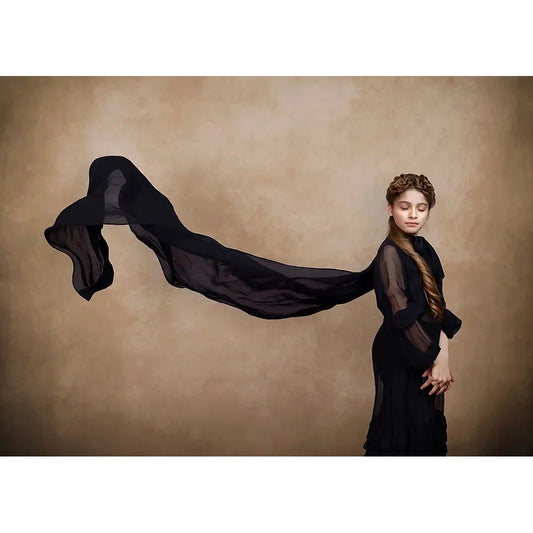 Woman in a black dress with a flowing fabric against a 2x3 Abstract Brown Beige Little Green Colour Studio Microfibre Photography Backdrop By Kate Backdrops