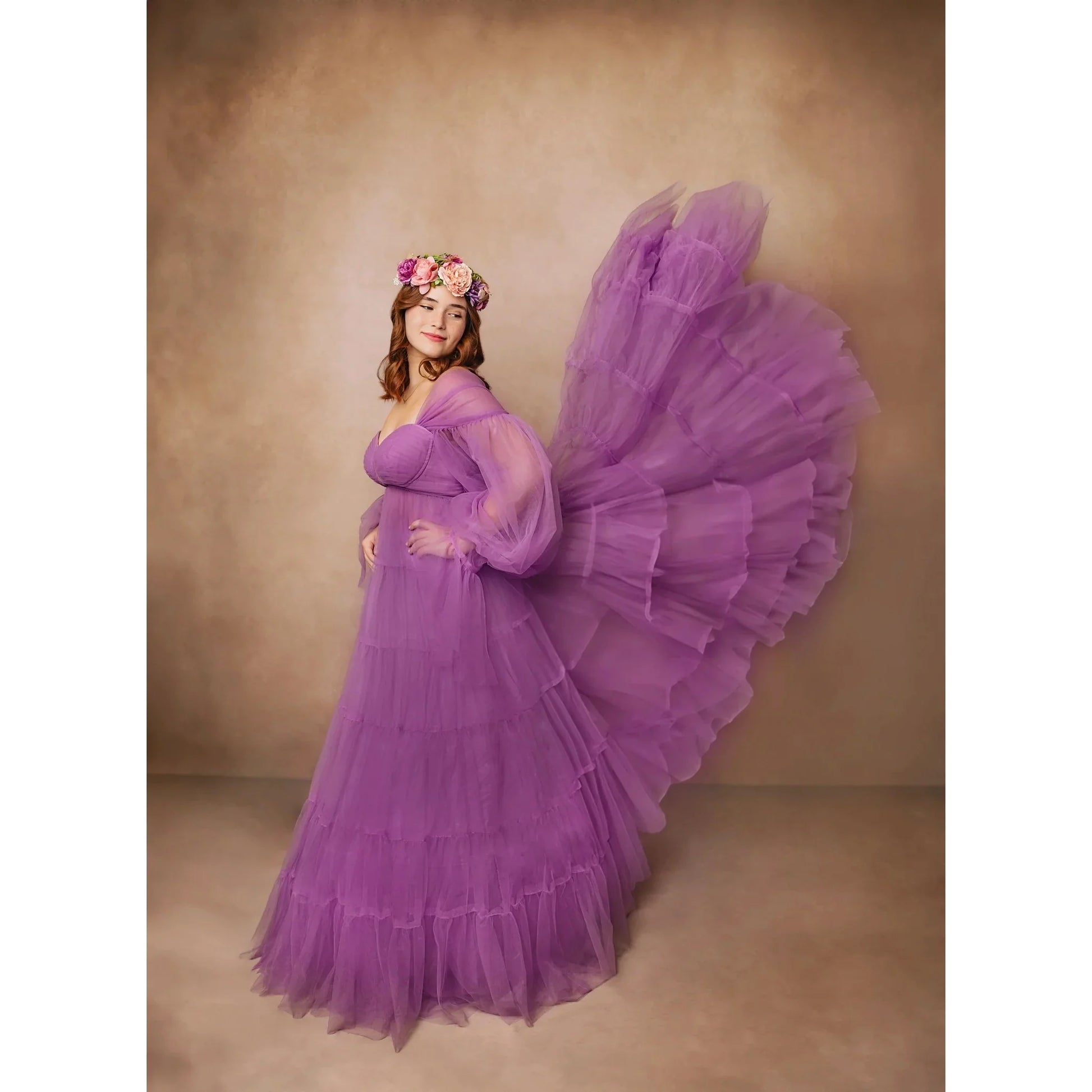 A Woman in a flowing purple dress with a floral headband against a 2x3 Abstract Brown Beige Little Green Colour Studio Microfibre Photography Backdrop By Kate Backdrops