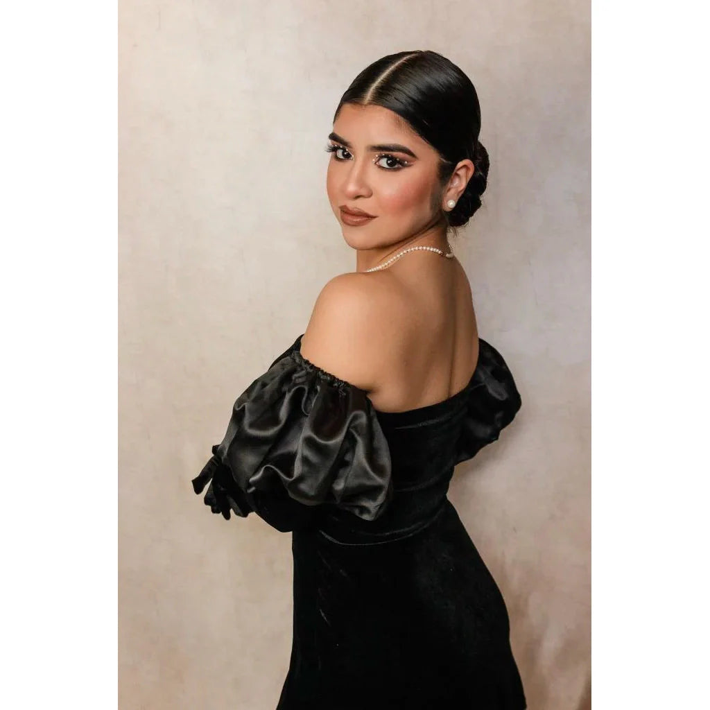 A Woman in a black off-shoulder dress in front of a 2x3 Abstract Brown Beige Little Green Colour Studio Microfibre Photography Backdrop By Kate Backdrops