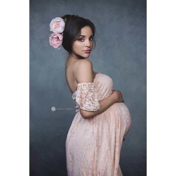 Pregnant Woman in a lace dress with flowers in her hair against a 2x3 Cold Tones Of Grey And Little Green Light Abstract Textured Studio Photography Background From Kate Backdrops