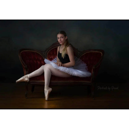 Ballerina sitting on a red velvet couch in front of a Kate Backdrops 2x3 Dark Grey Brown Mixed Green Abstract Texture Studio Photography Backdrop