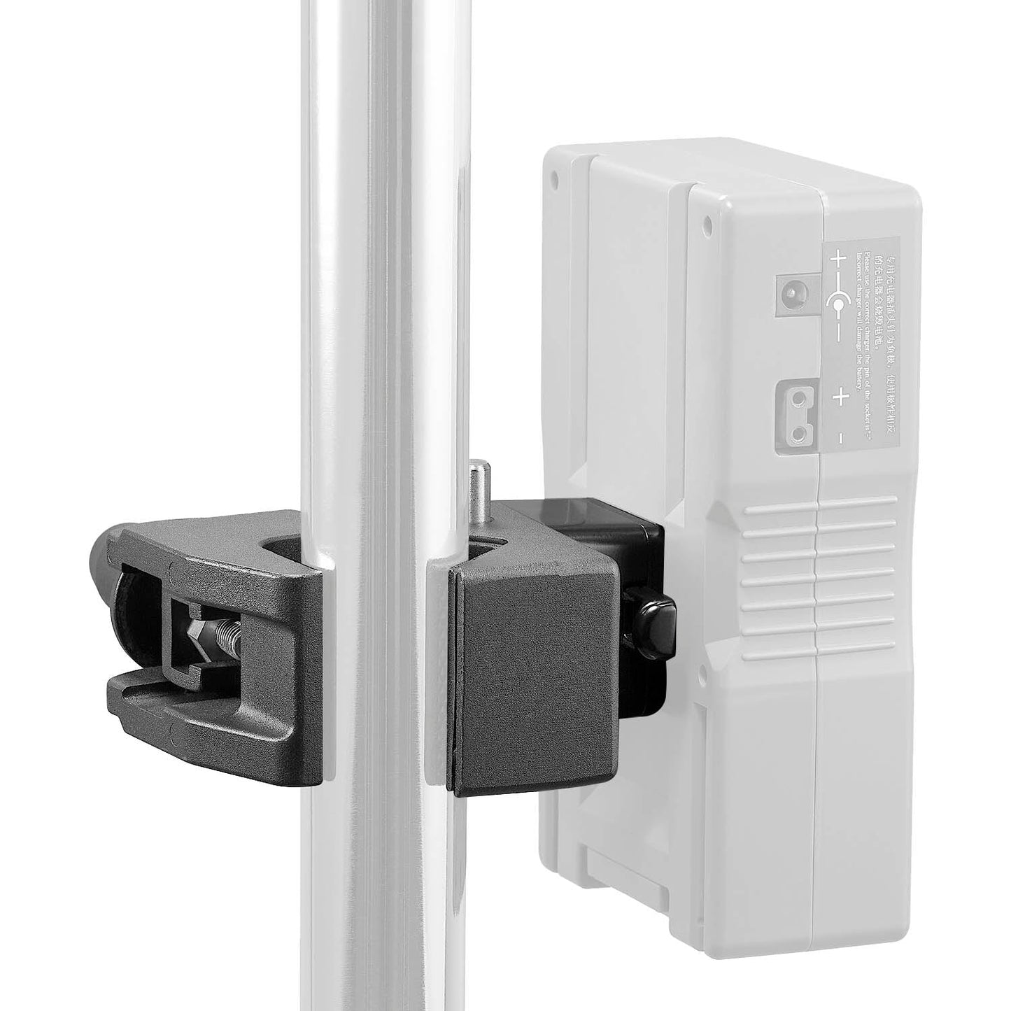 Godox LSA-03 Nano Clamp and LSA-19 V-Lock battery Mount Adapter clamped to a pole with a V-Lock battery mounted to it