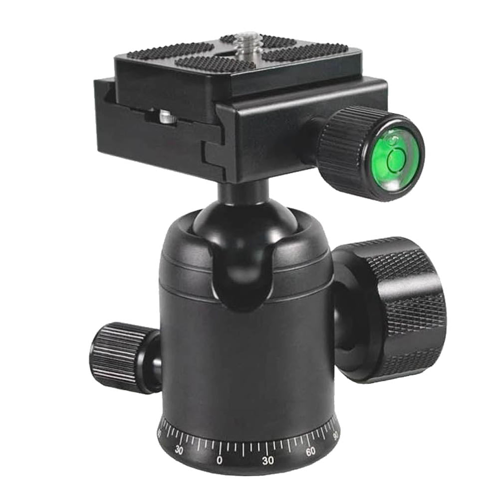 PiXAPRO Black camera tripod ball head with a quick-release platform, adjustment knobs, and a level bubble on a white background.