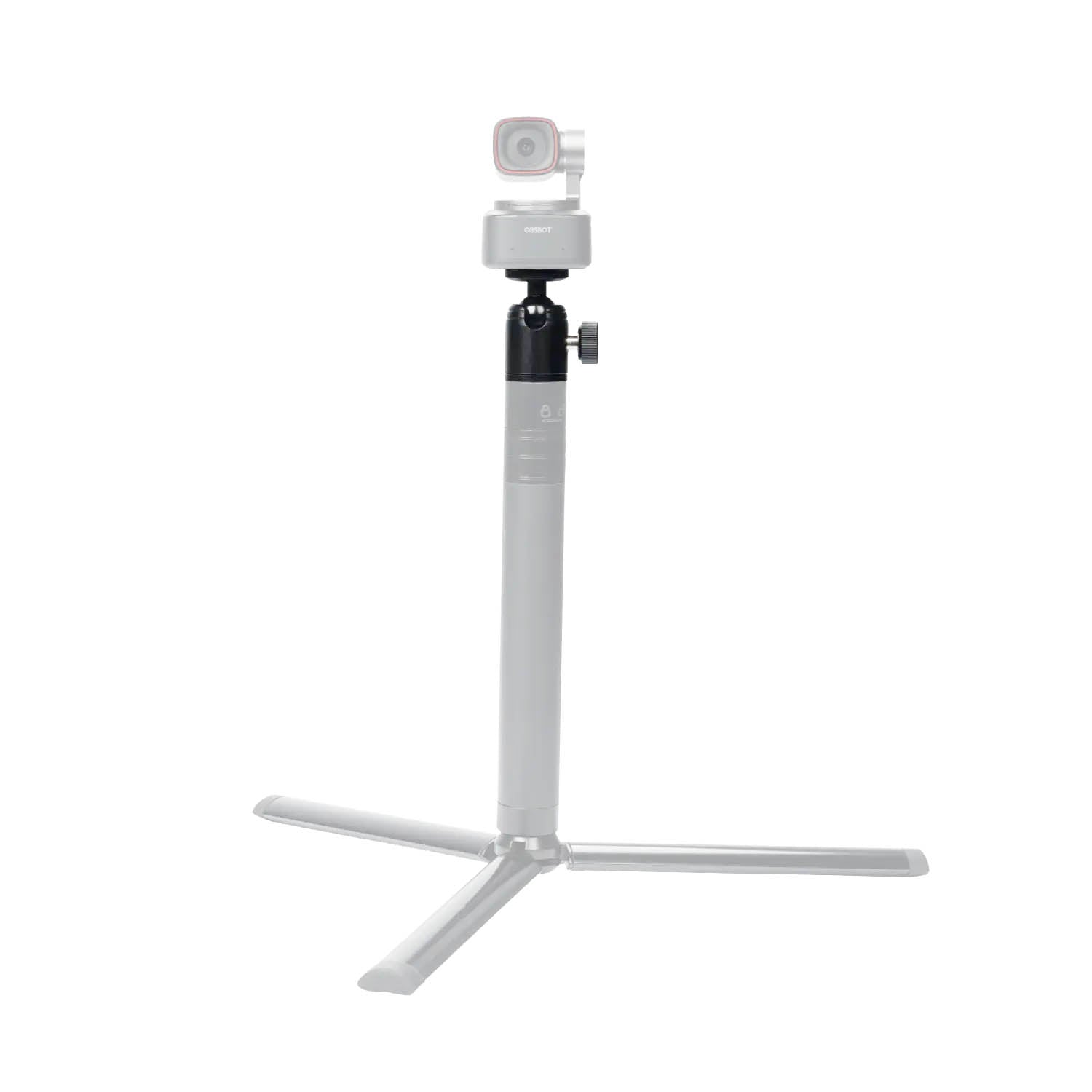 OBSBOT Mini Ball Head mounted onto the Extendable Tripod with an OBSBOT Tiny 2 webcam mounted to it