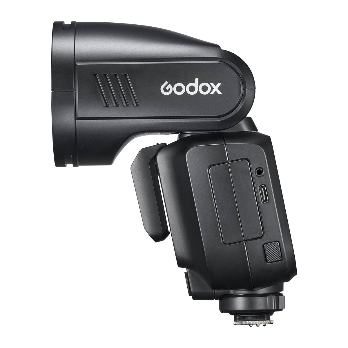 Godox V100 100Ws Round-Head Speedlite Flash Side View with Power Ports