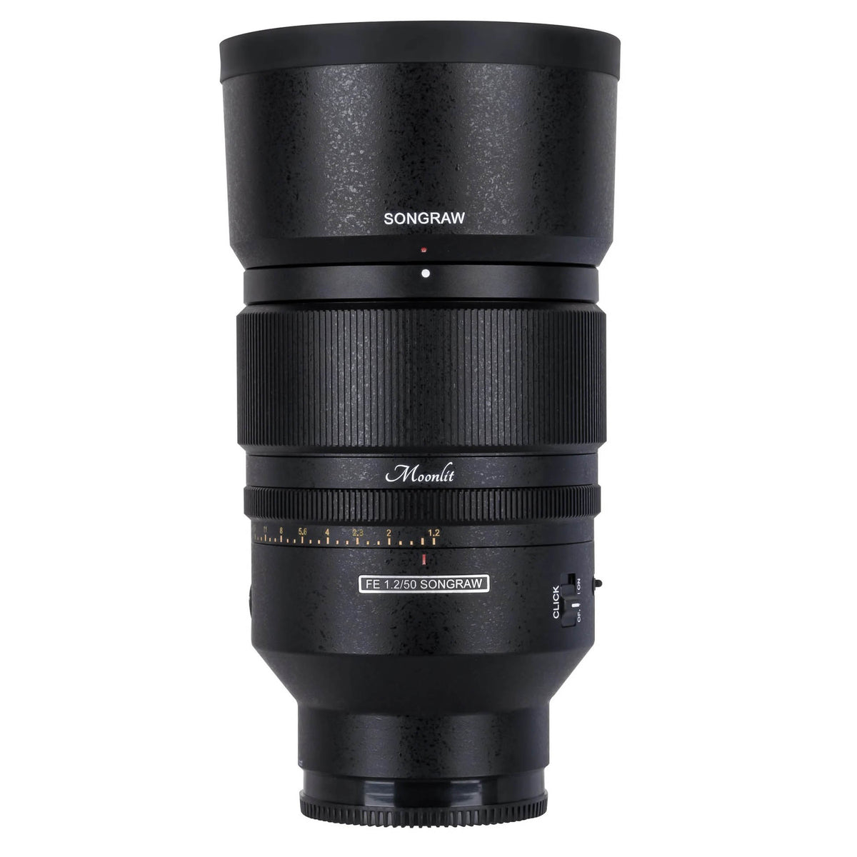 SongRaw AF 50mm F1.2 FE Moonlit Lens   with Lens Hood on a white background