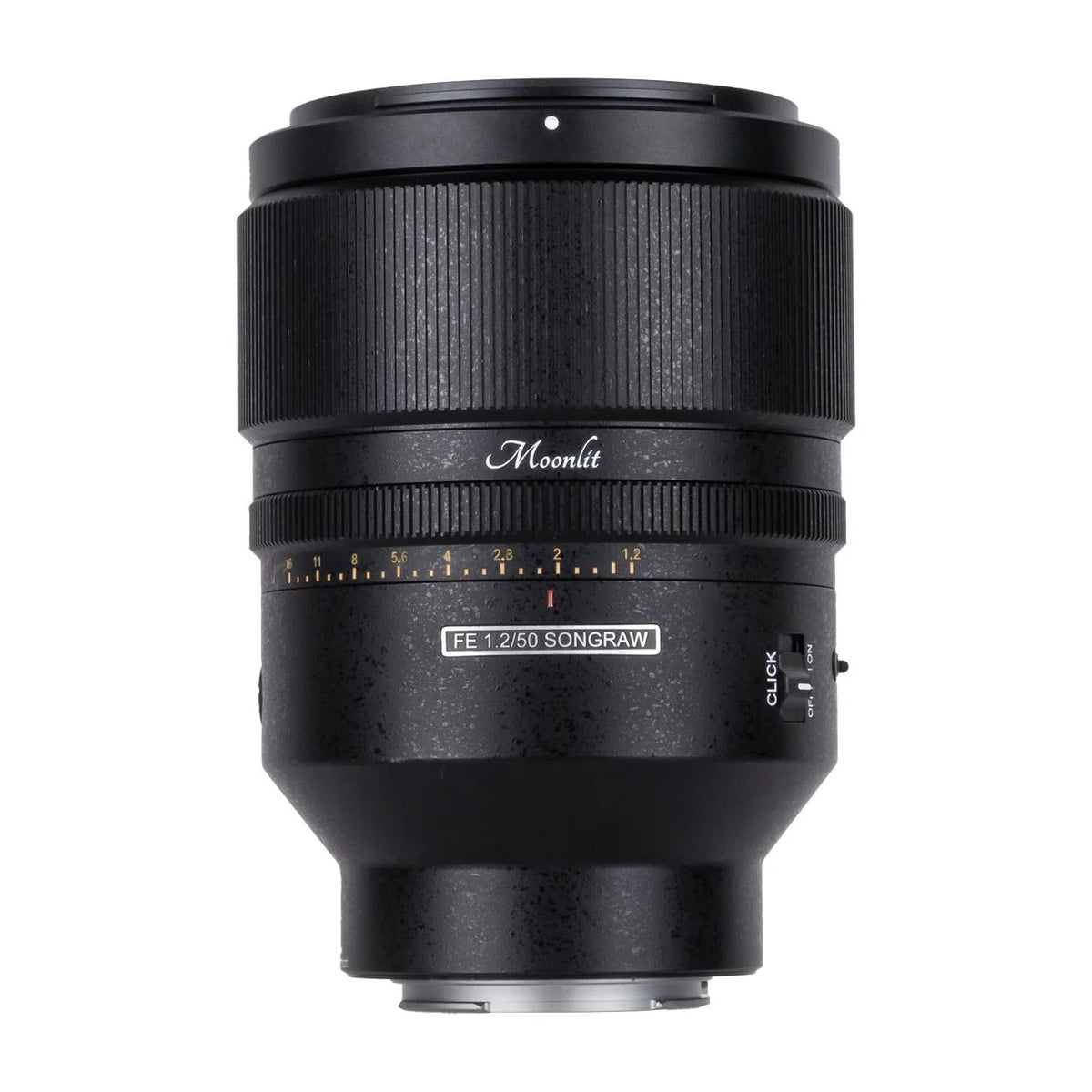 SongRaw AF 50mm F1.2 FE Moonlit Lens  standing Vertically on a white background