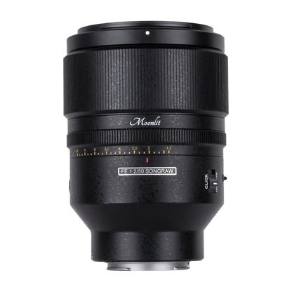 SongRaw AF 50mm F1.2 FE Moonlit Lens  standing Vertically on a white background