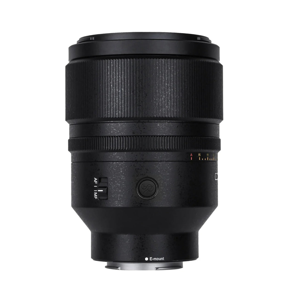 SongRaw AF 50mm F1.2 FE Moonlit Lens  standing Vertically on a white background