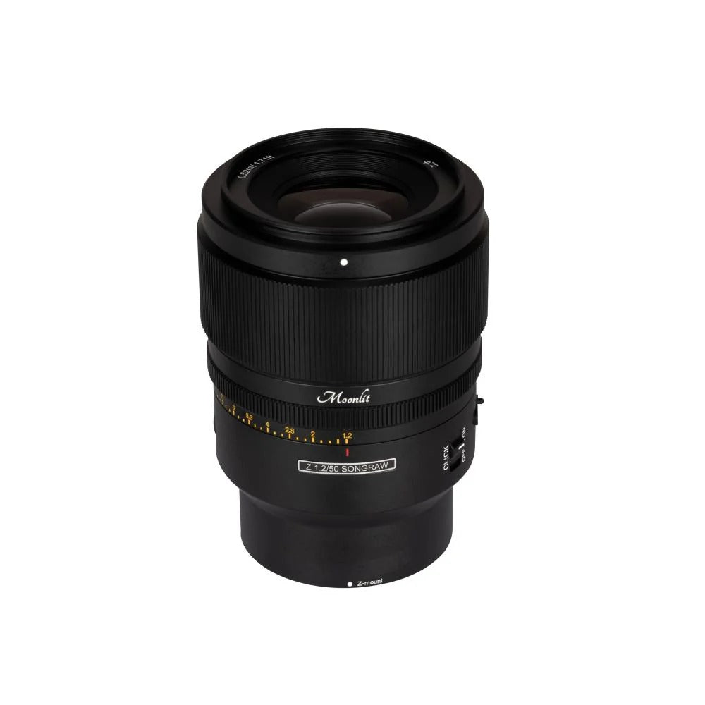 SongRaw AF 50mm F1.2 FE Moonlit Lens  standing Viertically on a white background