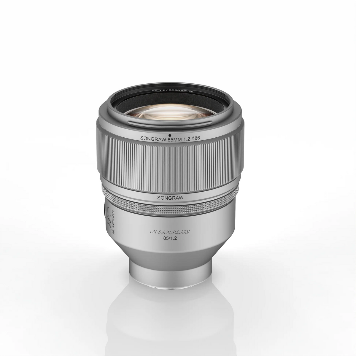 SongRaw AF 85mm F1.2 FE MS Full Frame Autofocus Lens on a reflective white surface