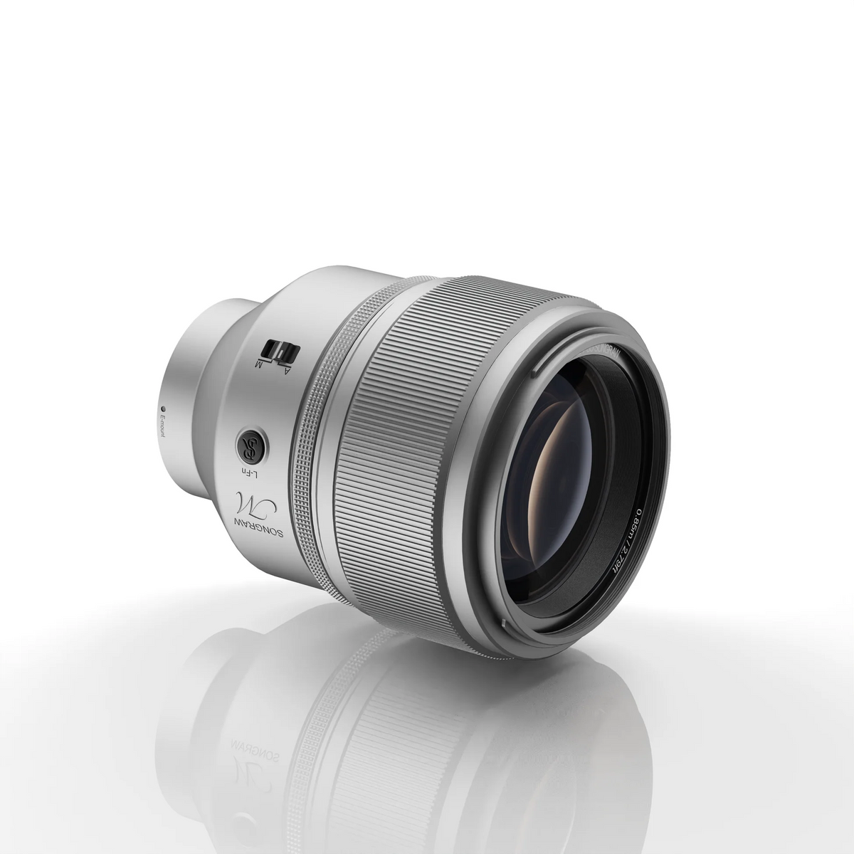 SongRaw AF 85mm F1.2 FE MS Full Frame Autofocus Lens, on its side facing right showing the AF switch