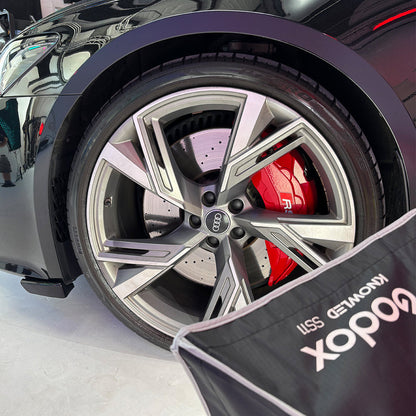 A Godox SS11 1x1-ft softbox being used to illluminate a car wheel 