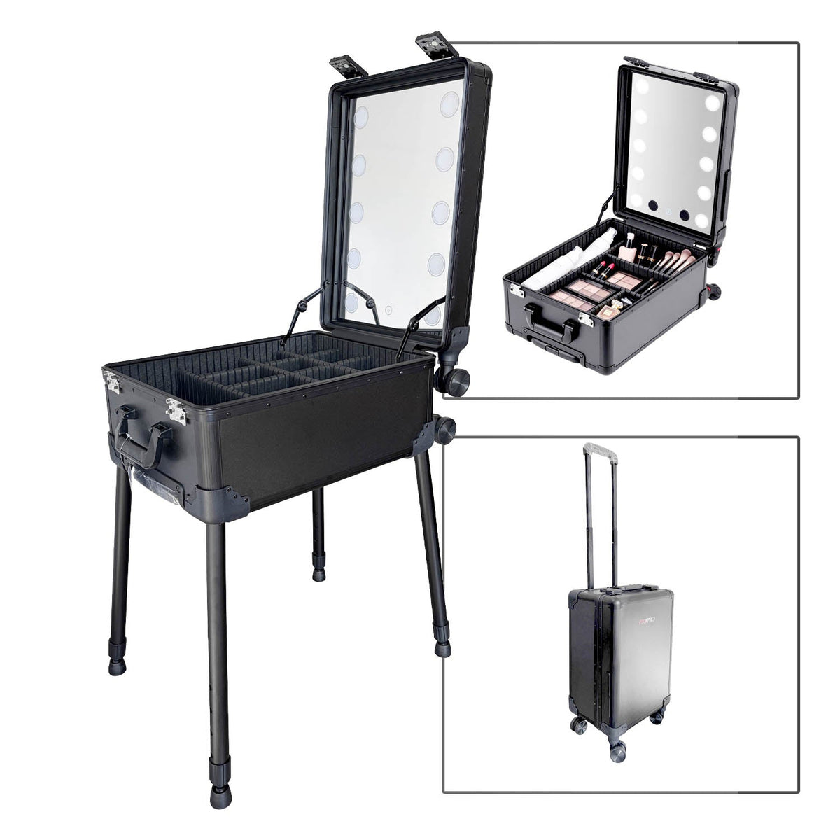 PiXAPRO makeup trolley case shown on its stand, open with cosmetics and closed for transport