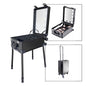 PiXAPRO makeup trolley case shown on its stand, open with cosmetics and closed for transport