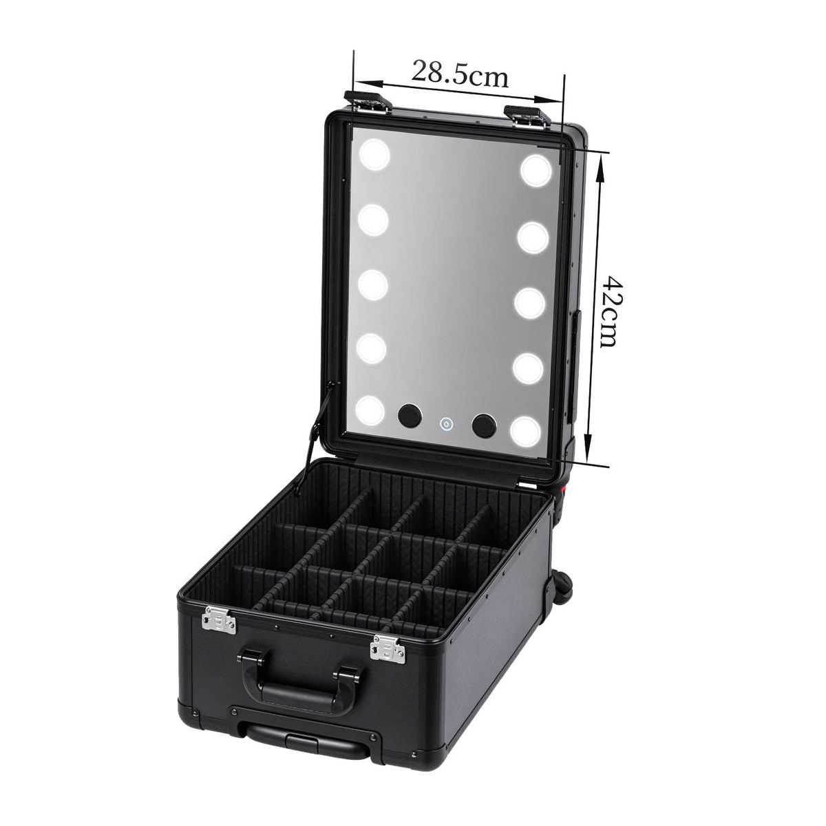 Open PiXAPRO makeup case with storage dividers and illuminated mirror measuring 28.5 × 42 cm