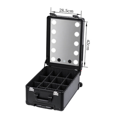 Open PiXAPRO makeup case with storage dividers and illuminated mirror measuring 28.5 × 42 cm