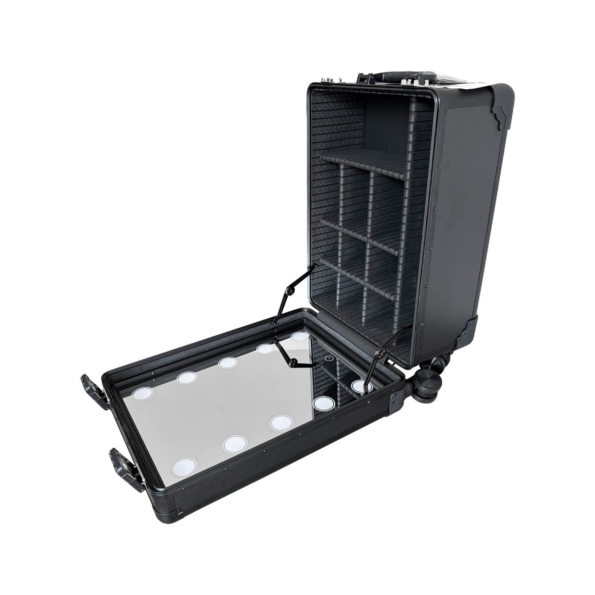 PiXAPRO makeup case opened sideways to show the compartment layout and mirror