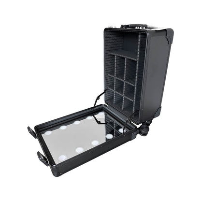 PiXAPRO makeup case opened sideways to show the compartment layout and mirror