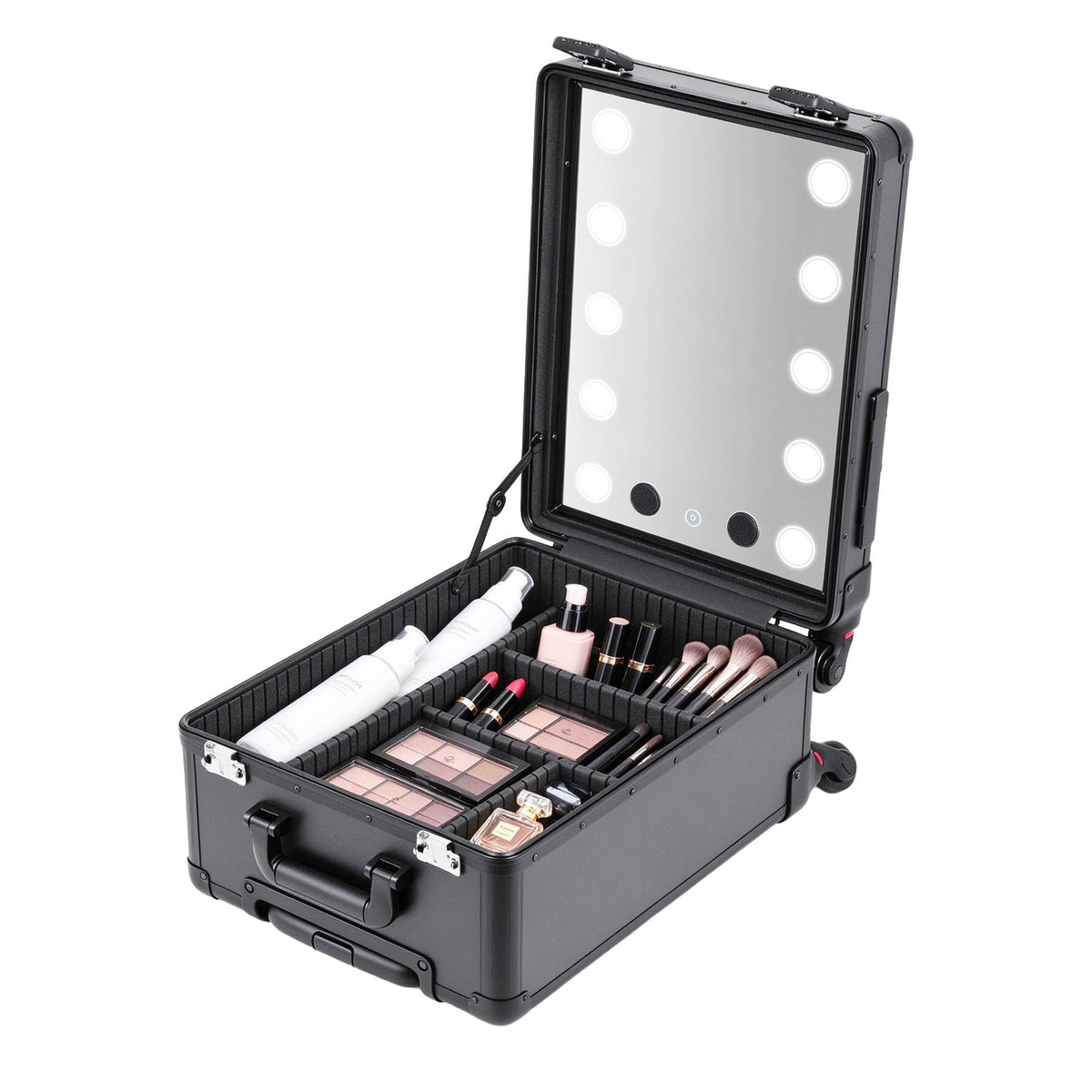 Open PiXAPRO makeup trolley case holding cosmetics and brushes beneath the illuminated mirror