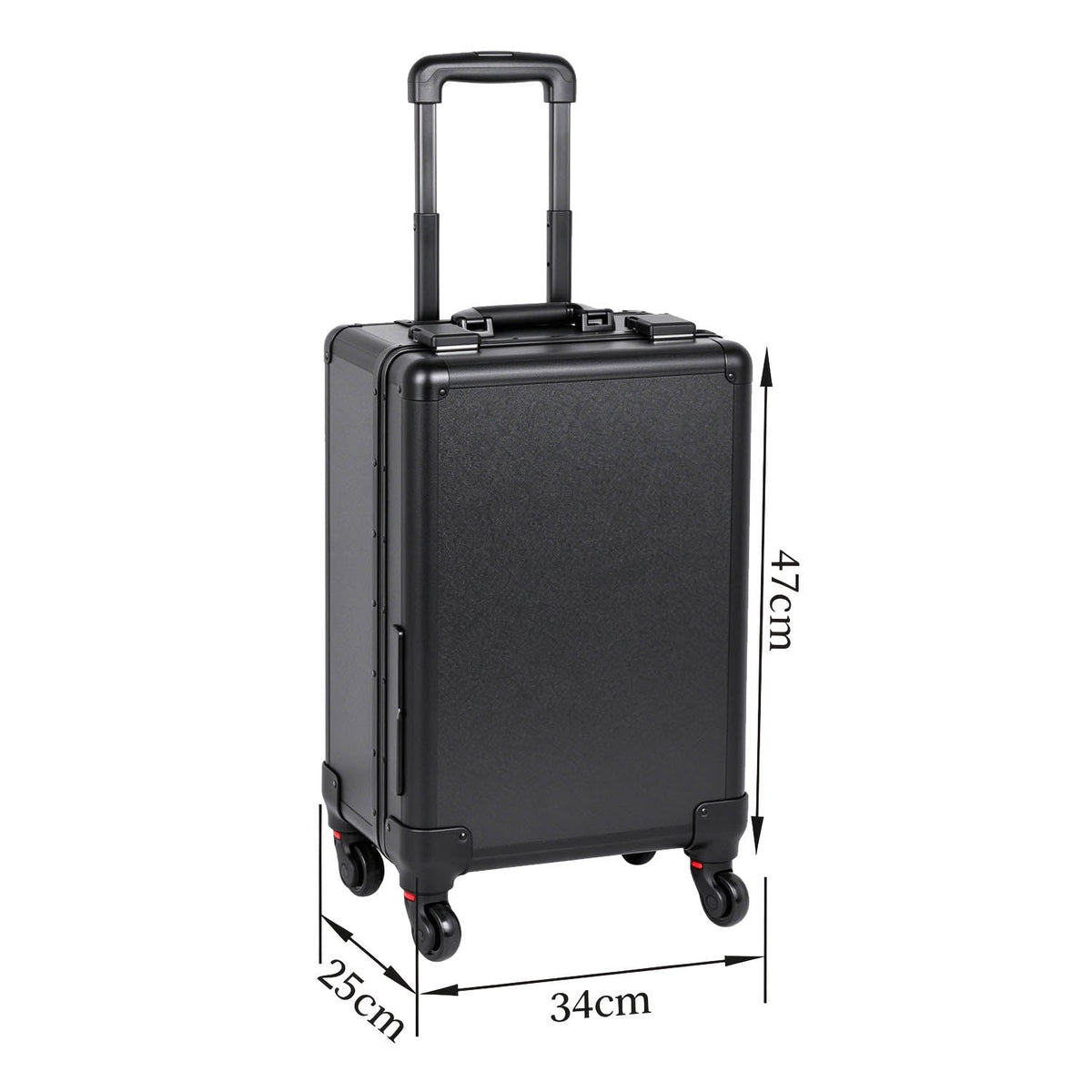 Closed PiXAPRO makeup trolley case with dimensions of 47 cm high, 34 cm wide and 25 cm deep