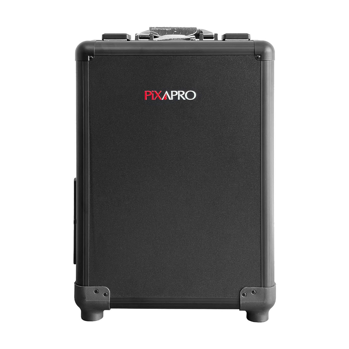 Front view of the closed black PiXAPRO makeup case with PiXAPRO branded panel