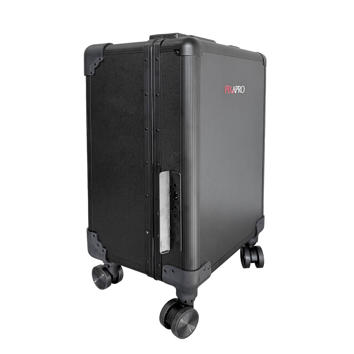 Angled view of the closed PiXAPRO makeup trolley case showing wheels and side connection panel