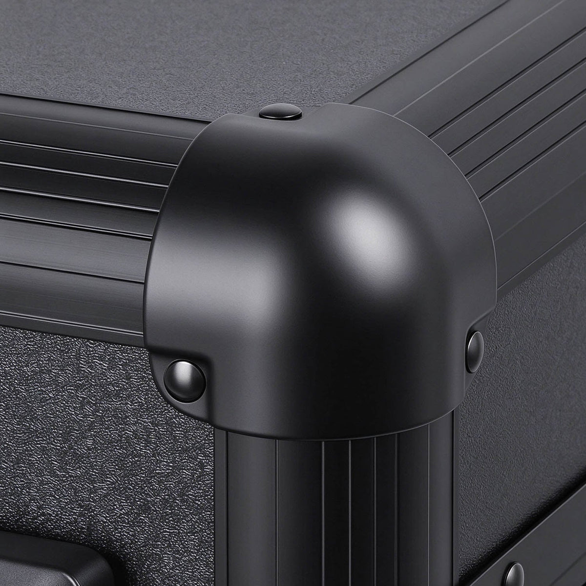 Close-up of the corner protector and riveted frame on the PiXAPRO makeup case