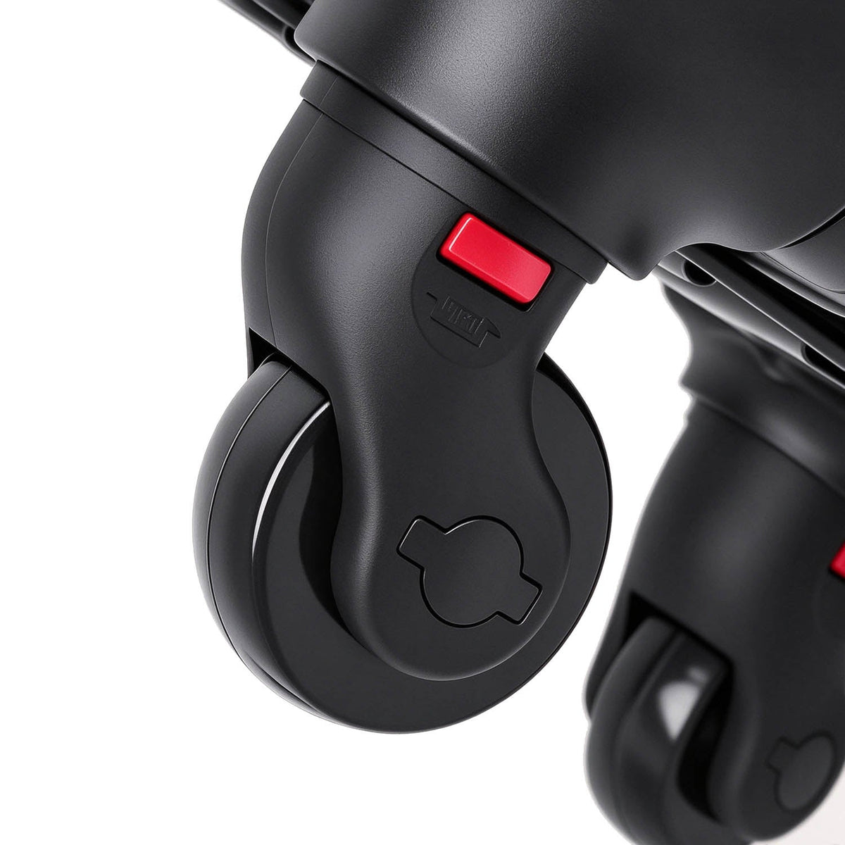  Close-up of a PiXAPRO makeup trolley case wheel with red release button