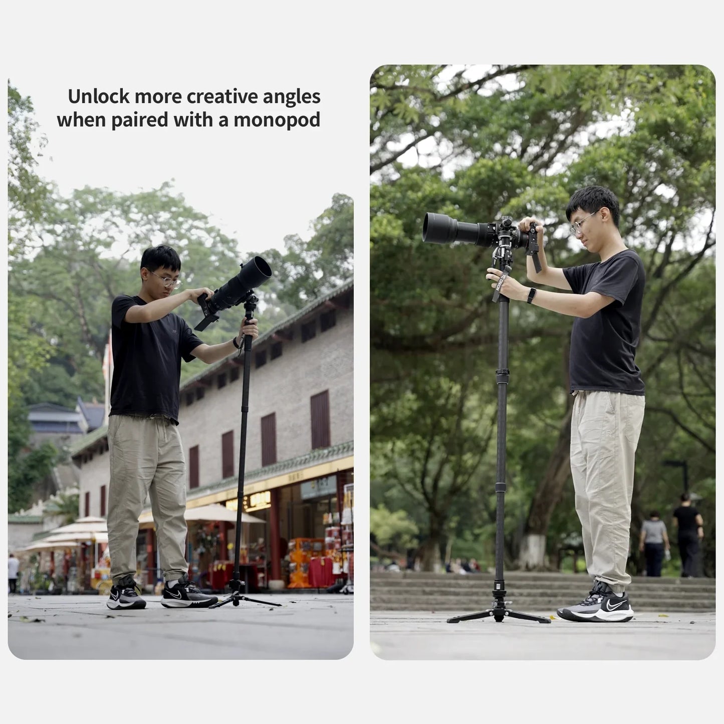 Person using a camera with a YC Onion Windmill Panoramic Head on a monopod in an outdoor setting