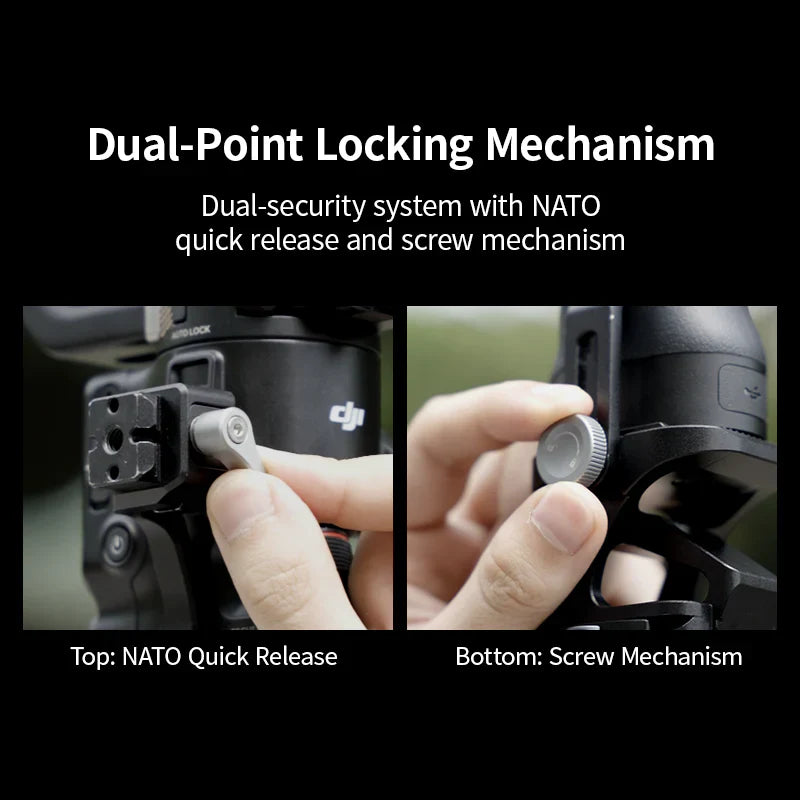 YC Onion Universal Connection Kit For RS Pro Gimbal's Dual-point locking mechanism with NATO quick-release and screw mechanism on a black background.