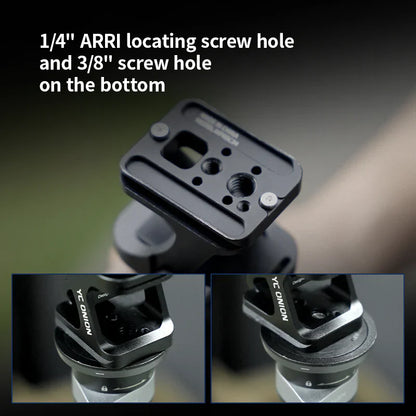 YC Onion Universal Connection Kit For RS Pro Gimbal's Camera mount with 1/4" ARRI locating screw hole and 3/8" screw hole on a dark background.